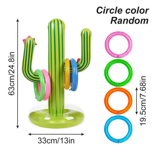1PC Inflatable Cactus Ring Toss Game Set with 4 Colorful Rings, Outdoor Pool Lawn Beach Party Game Summer Carnival Prop