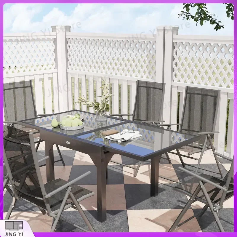 7 Piece Outdoor Dining Set Extendable Table 6 Folding Chairs Patio Balcony Deck Grey Garden Furniture Outdoor Equipment