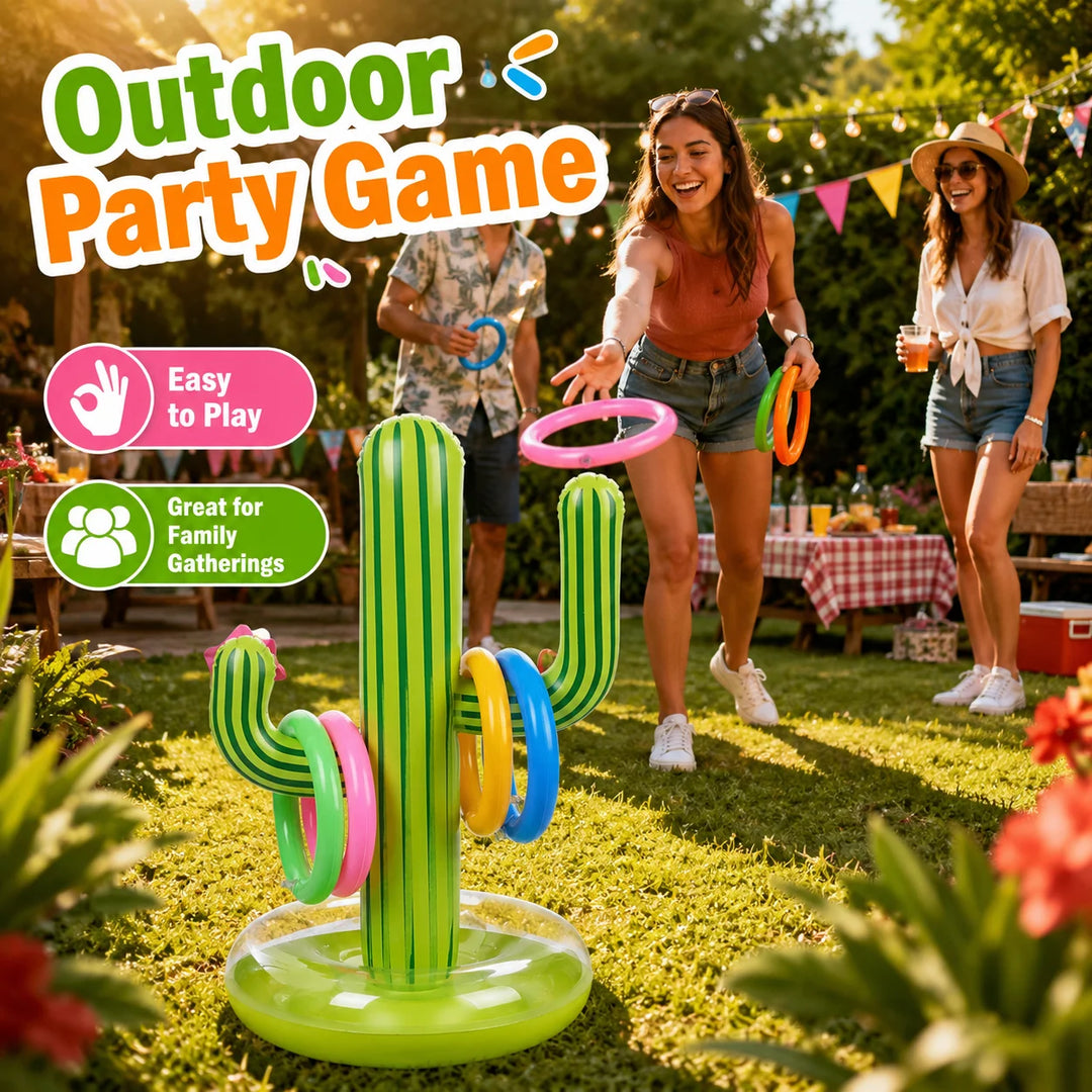 1PC Inflatable Cactus Ring Toss Game Set with 4 Colorful Rings, Outdoor Pool Lawn Beach Party Game Summer Carnival Prop