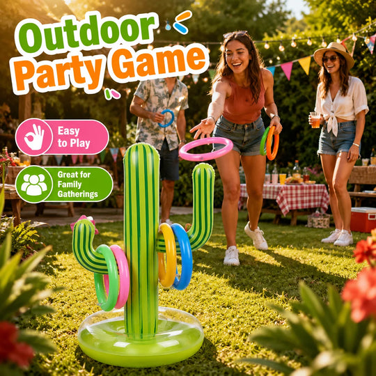 1PC Inflatable Cactus Ring Toss Game Set with 4 Colorful Rings, Outdoor Pool Lawn Beach Party Game Summer Carnival Prop