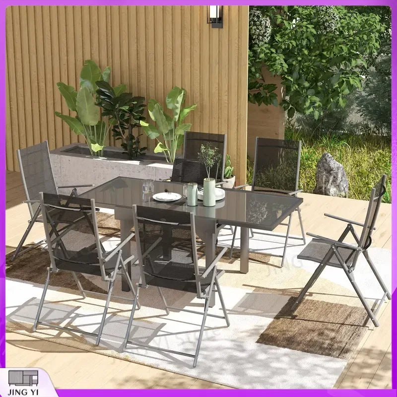 7 Piece Outdoor Dining Set Extendable Table 6 Folding Chairs Patio Balcony Deck Grey Garden Furniture Outdoor Equipment