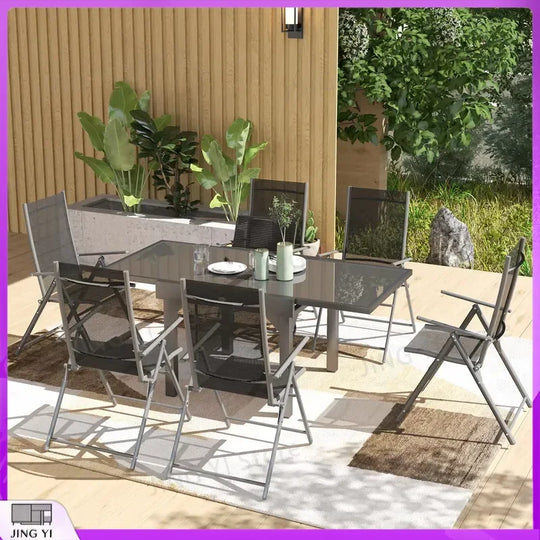 7 Piece Outdoor Dining Set Extendable Table 6 Folding Chairs Patio Balcony Deck Grey Garden Furniture Outdoor Equipment