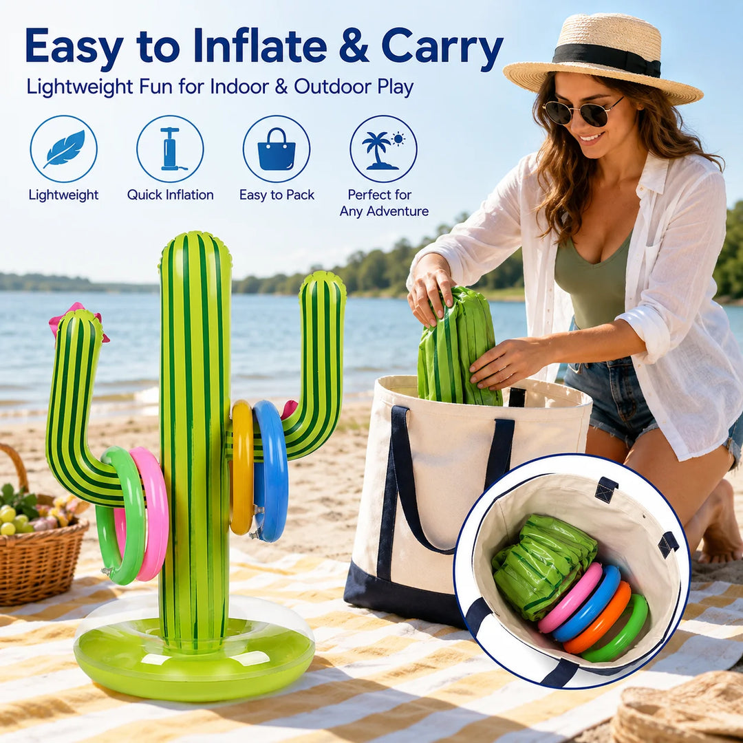 1PC Inflatable Cactus Ring Toss Game Set with 4 Colorful Rings, Outdoor Pool Lawn Beach Party Game Summer Carnival Prop