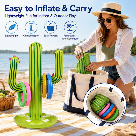 1PC Inflatable Cactus Ring Toss Game Set with 4 Colorful Rings, Outdoor Pool Lawn Beach Party Game Summer Carnival Prop