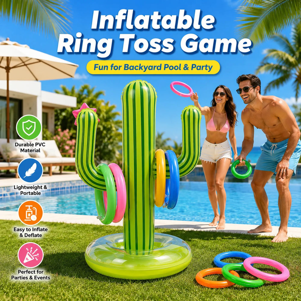 1PC Inflatable Cactus Ring Toss Game Set with 4 Colorful Rings, Outdoor Pool Lawn Beach Party Game Summer Carnival Prop