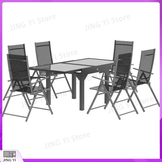 7 Piece Outdoor Dining Set Extendable Table 6 Folding Chairs Patio Balcony Deck Grey Garden Furniture Outdoor Equipment