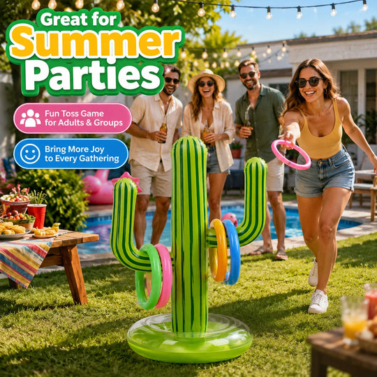 1PC Inflatable Cactus Ring Toss Game Set with 4 Colorful Rings, Outdoor Pool Lawn Beach Party Game Summer Carnival Prop
