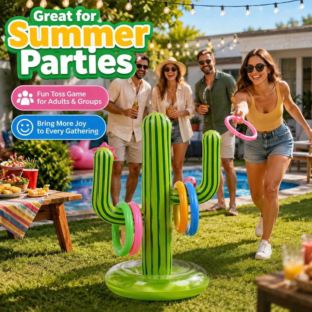 1PC Inflatable Cactus Ring Toss Game Set with 4 Colorful Rings, Outdoor Pool Lawn Beach Party Game Summer Carnival Prop