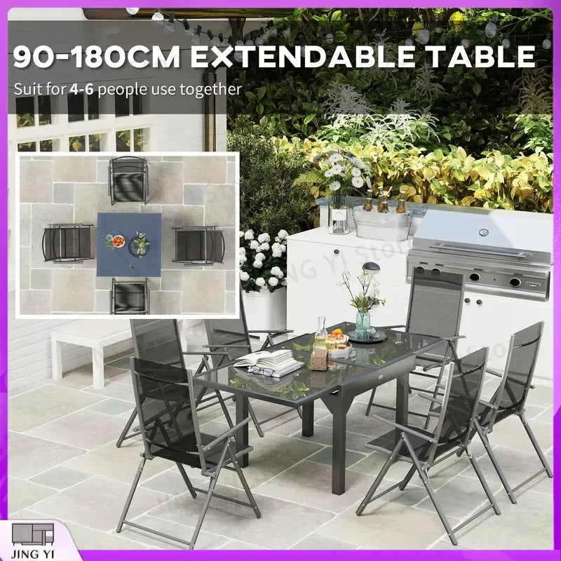 7 Piece Outdoor Dining Set Extendable Table 6 Folding Chairs Patio Balcony Deck Grey Garden Furniture Outdoor Equipment