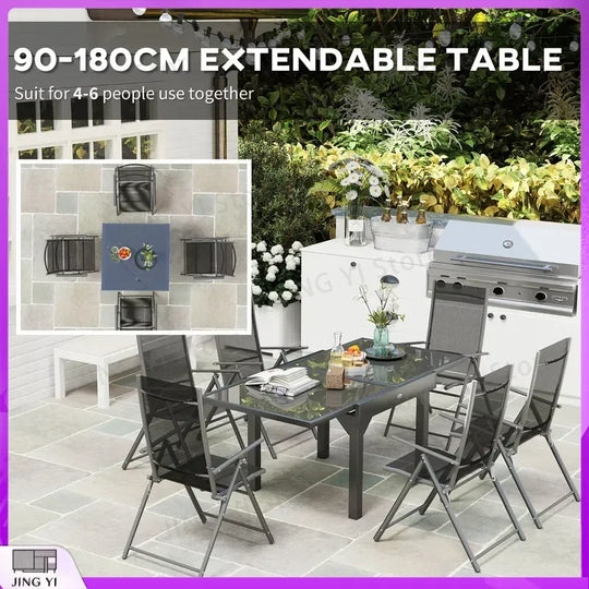 7 Piece Outdoor Dining Set Extendable Table 6 Folding Chairs Patio Balcony Deck Grey Garden Furniture Outdoor Equipment
