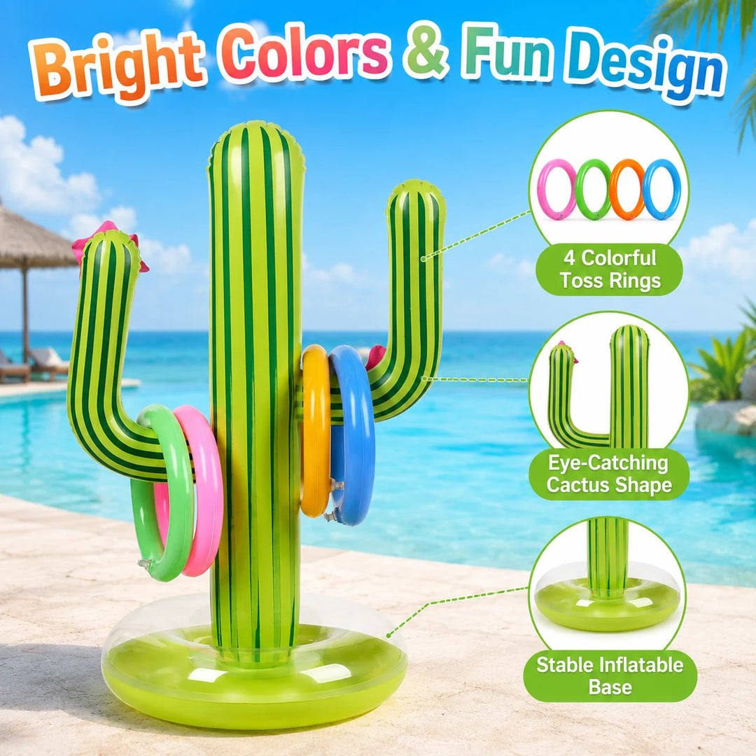 1PC Inflatable Cactus Ring Toss Game Set with 4 Colorful Rings, Outdoor Pool Lawn Beach Party Game Summer Carnival Prop