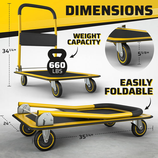 Heavy-Duty Collapsible Push Cart Dolly - 660 lbs Capacity, Foldable Flatbed Hand Truck with Swivel Handle