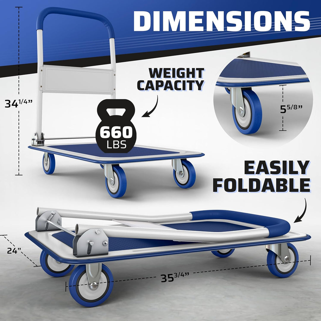 Heavy-Duty Collapsible Push Cart Dolly - 660 lbs Capacity, Foldable Flatbed Hand Truck with Swivel Handle