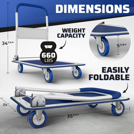 Heavy-Duty Collapsible Push Cart Dolly - 660 lbs Capacity, Foldable Flatbed Hand Truck with Swivel Handle